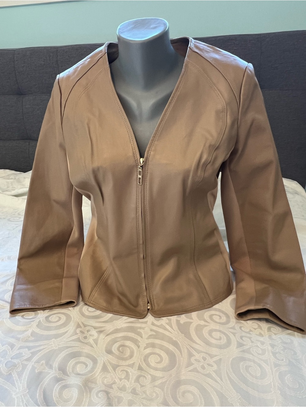 Hal Rubenstein -  Vintage Designer Tan 100% Leather Zip-Front Jacket - Size 8